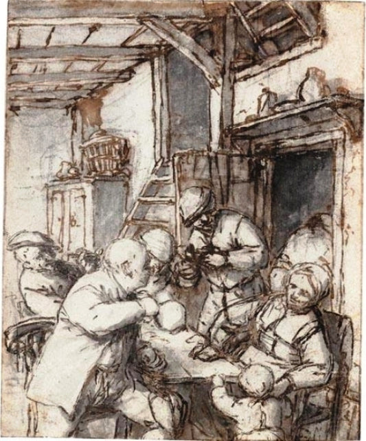 Four Peasants in an Inn, talking with the Innkeeper's Wife, vintage artwork by Adriaen van Ostade, 12x8" (A4) Poster