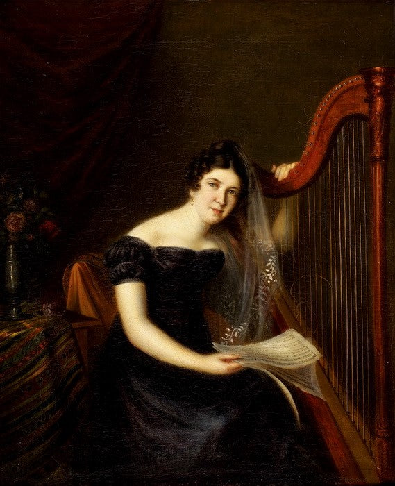 Portrait of a woman with harp, vintage artwork by Firmin Massot, 12x8" (A4) Poster