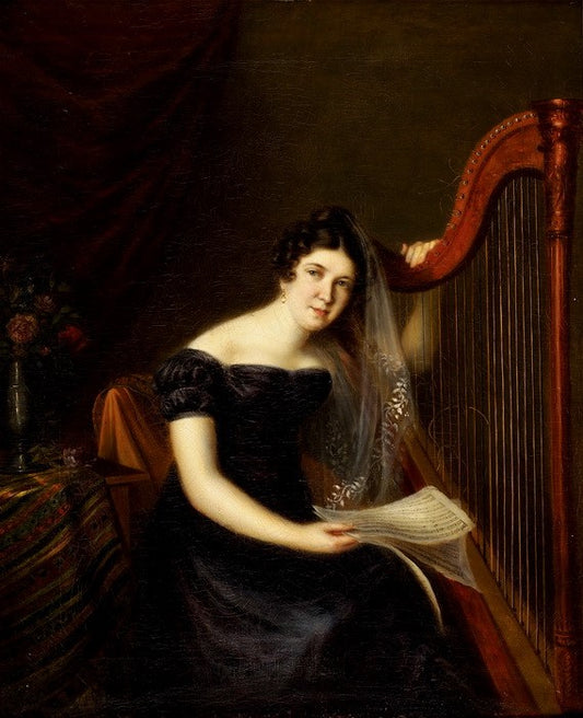 Portrait of a woman with harp, vintage artwork by Firmin Massot, 12x8" (A4) Poster