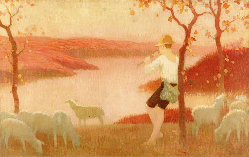Shepherd and Sheep under Trees, vintage artwork by Pierre Adolphe Valette, 12x8" (A4) Poster