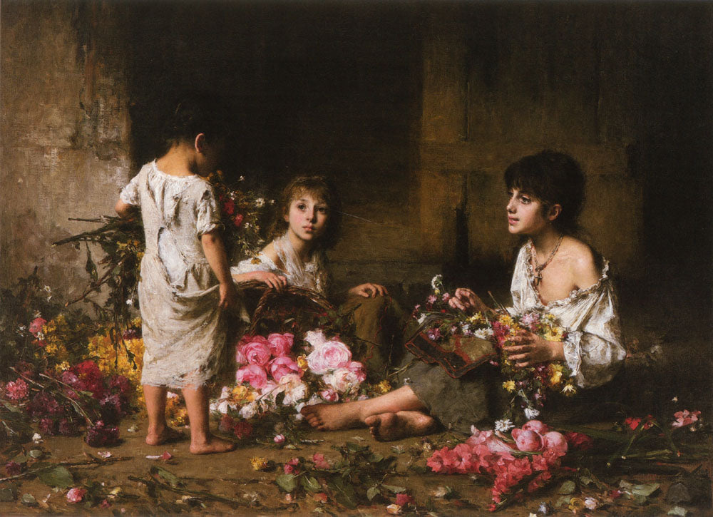 The Flower Girls, vintage artwork by Alexei Harlamoff, 12x8" (A4) Poster