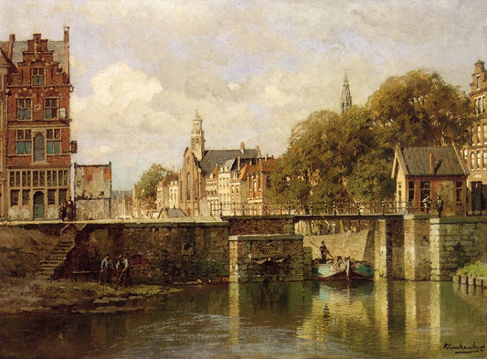 A View of Amsterdam with a Man in a Flat on a Canal, a Church in the Distance, vintage artwork by Johannes Christiaan Karel Klinkenberg, 12x8" (A4) Poster