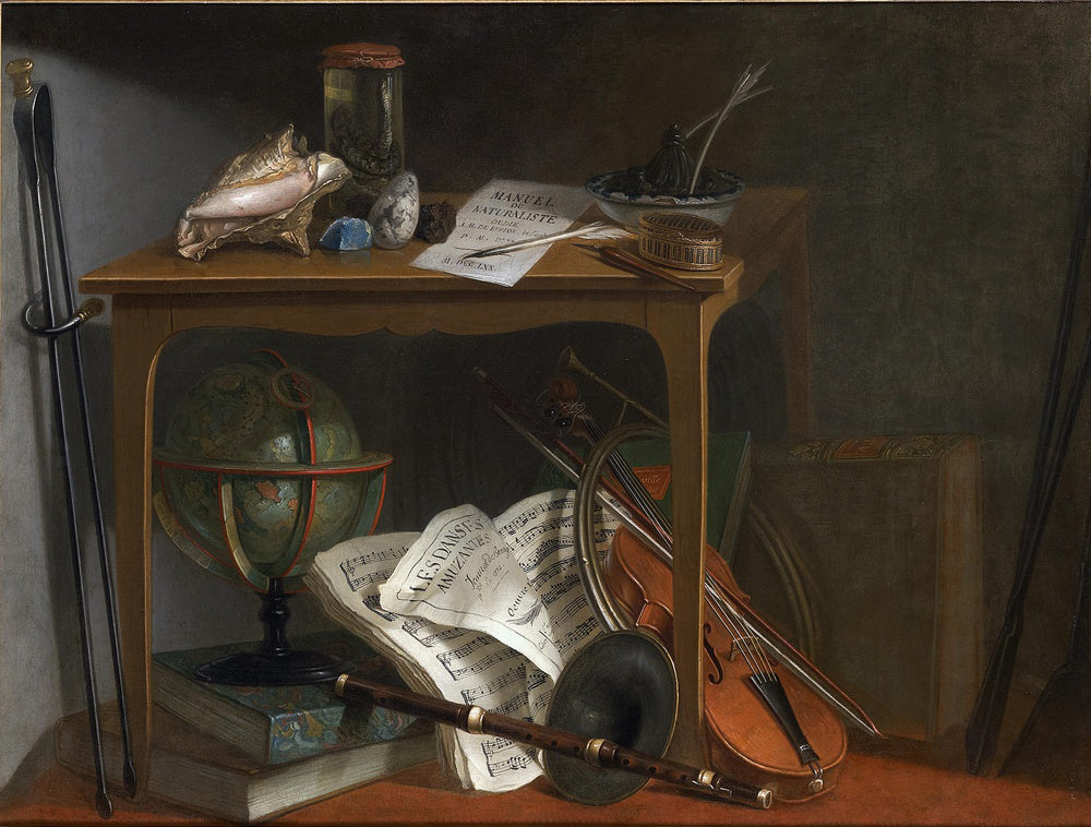 Curiosity objects on a table covered by  a world map and musical instruments, vintage artwork by Nicolas Henri Jeaurat de Bertry, 12x8" (A4) Poster