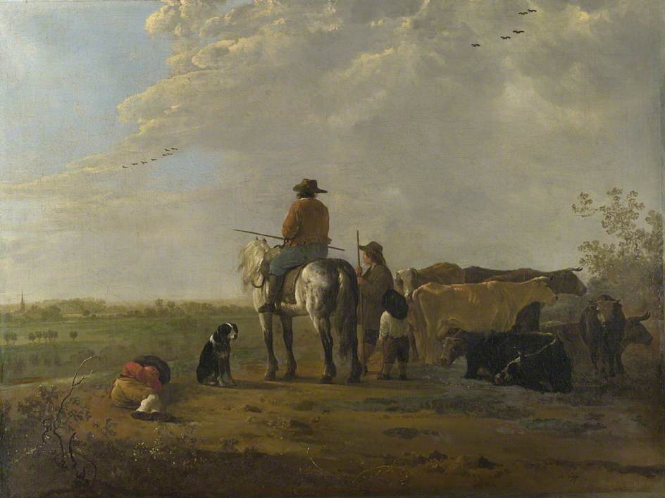 A Horseman with a Cowherd and Two Boys in a Meadow, vintage artwork by Aelbert Cuyp, 12x8" (A4) Poster
