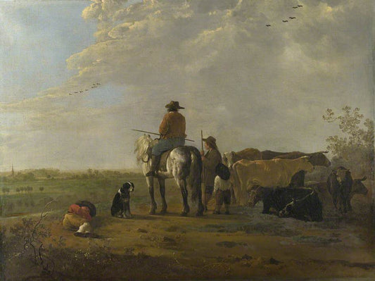 A Horseman with a Cowherd and Two Boys in a Meadow, vintage artwork by Aelbert Cuyp, 12x8" (A4) Poster