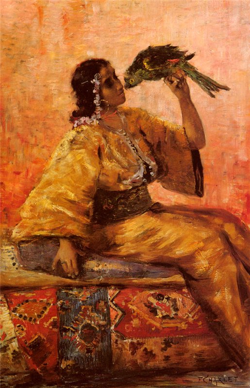 A Moroccan Beauty Holding A Parrot by Frantz Charlet,A3(16x12")Poster