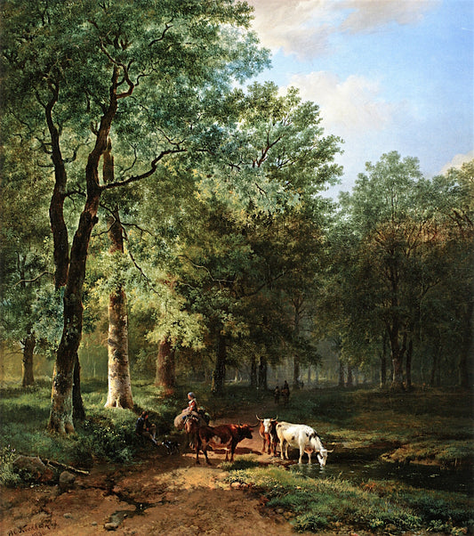 A Wooded Landscape with Travelers Resting on a Sunlit Path, vintage artwork by Barend Cornelis Koekkoek, A3 (16x12") Poster Print