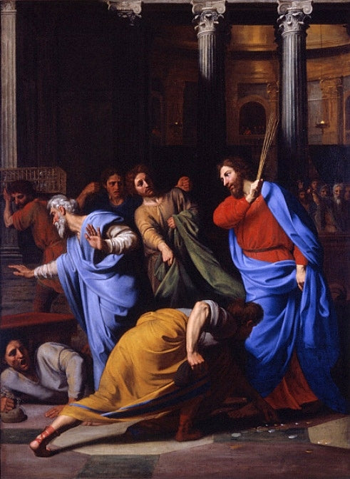 Christ Expelling the Money-Changers from the Temple, vintage artwork by Nicolas Colombel, 12x8" (A4) Poster