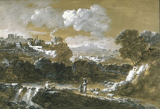 Landscape with a Fisherman, Woman and Child beside a Waterfall, vintage artwork by Francesco Zuccarelli, 12x8" (A4) Poster