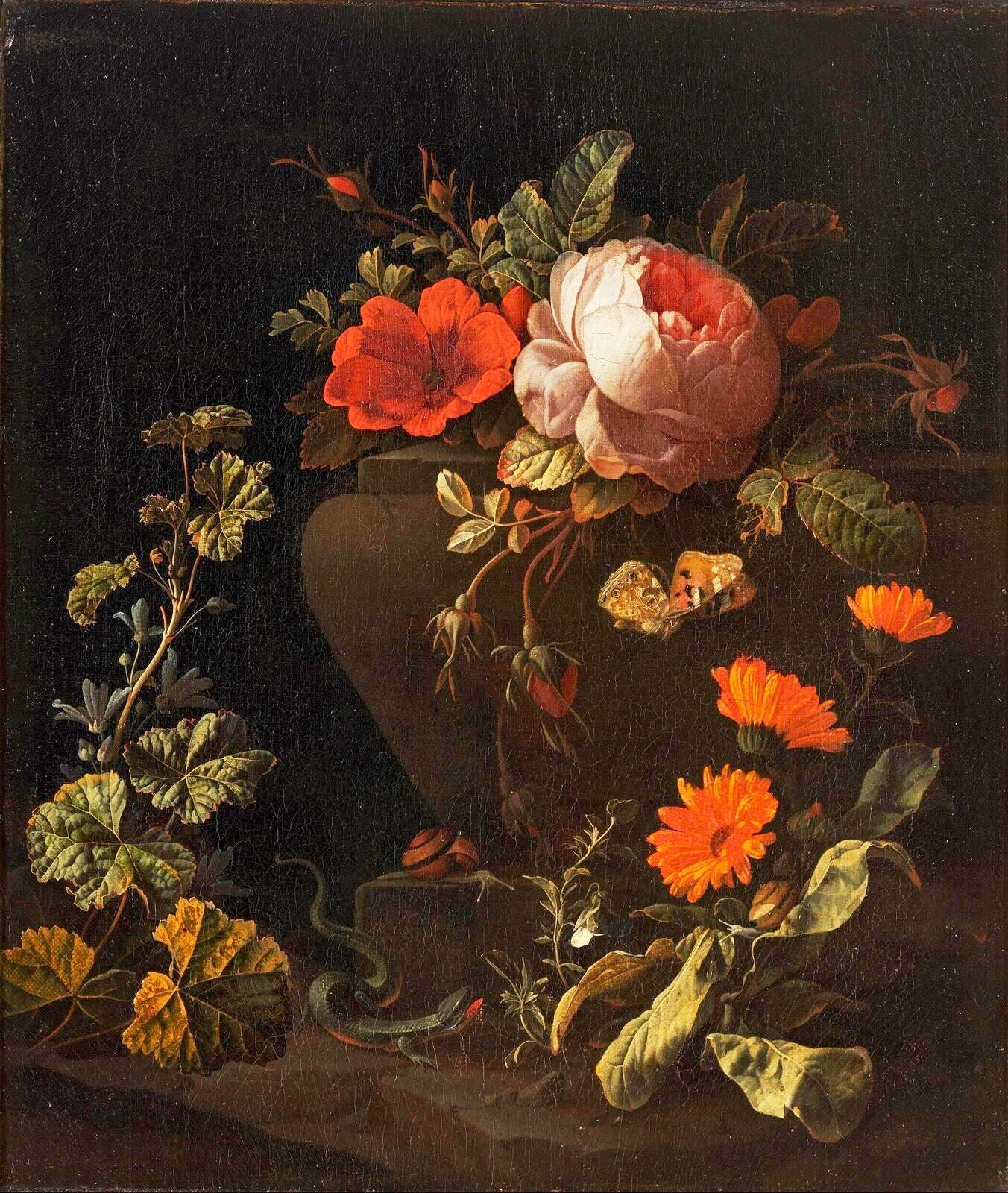 Flowers near a Balustrade, vintage artwork by Elias van den Broeck, 12x8" (A4) Poster