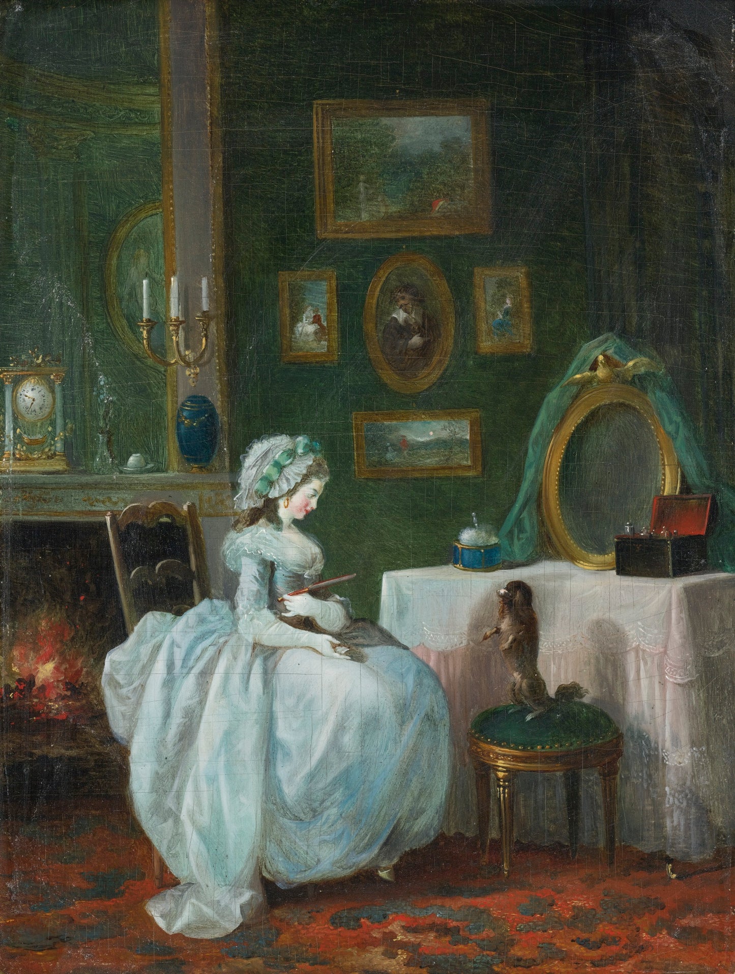 A Lady at her Dressing Table with a Dog, vintage artwork by Jean-Frederic Schall, 12x8" (A4) Poster