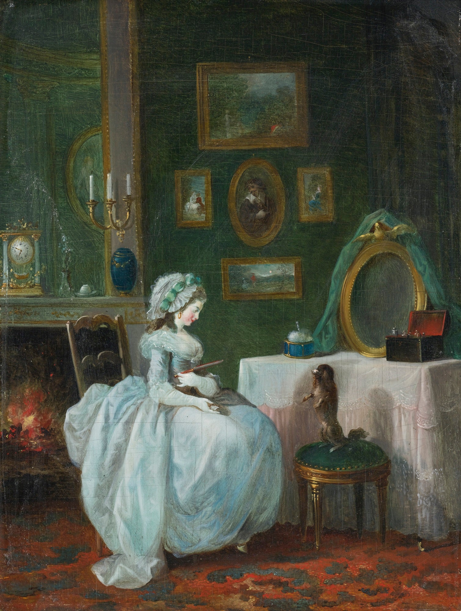 A Lady at her Dressing Table with a Dog, vintage artwork by Jean-Frederic Schall, 12x8" (A4) Poster