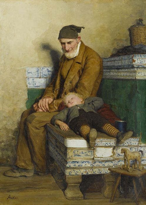 Der alte Feissli mit Kind auf Ofenbank, vintage artwork by Albert Anker, 12x8" (A4) Poster