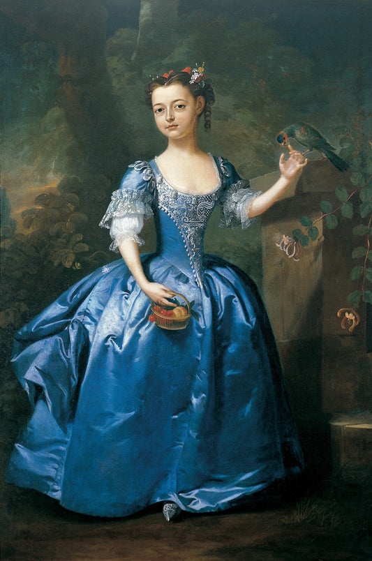 Portrait of a Girl in a Blue Dress with a Parrot in a Palatial Garden, vintage artwork by Attributed to Willem Verelst, 12x8" (A4) Poster