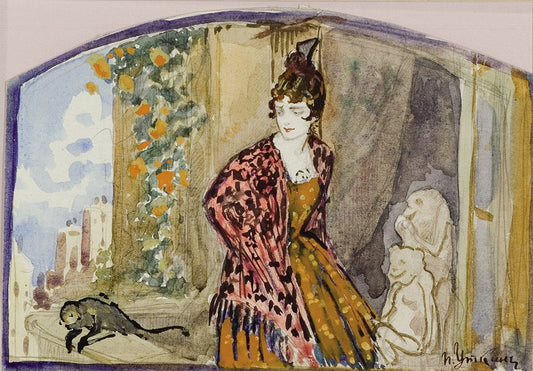 Lady on a Balcony with a Monkey, vintage artwork by Petr Utkin, 12x8" (A4) Poster