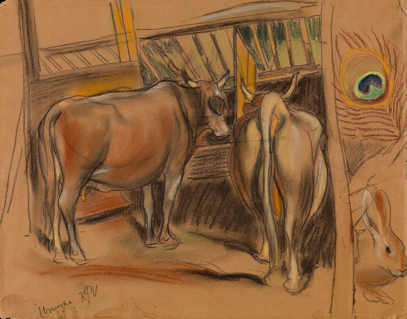 Cows in a Barn, vintage artwork by Kuzma Petrov-Vodkin, 12x8" (A4) Poster