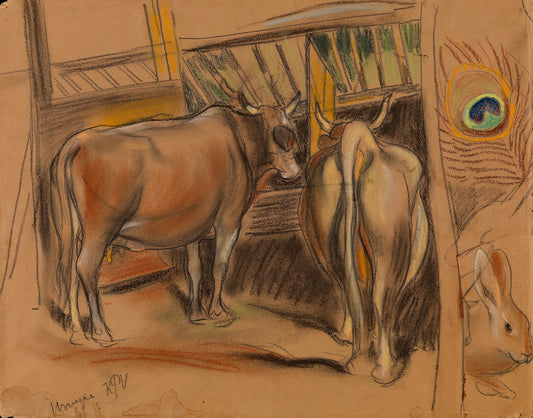 Cows in a Barn, vintage artwork by Kuzma Petrov-Vodkin, 12x8" (A4) Poster