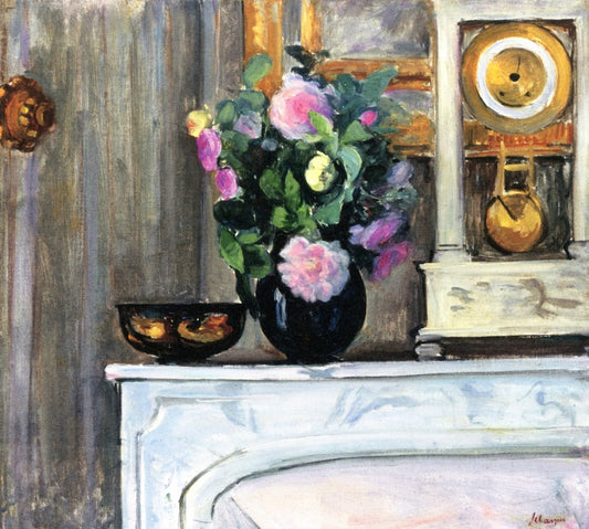 Bouquet of Flowers on a Mantlepiece, vintage artwork by Henri Lebasque, 12x8" (A4) Poster