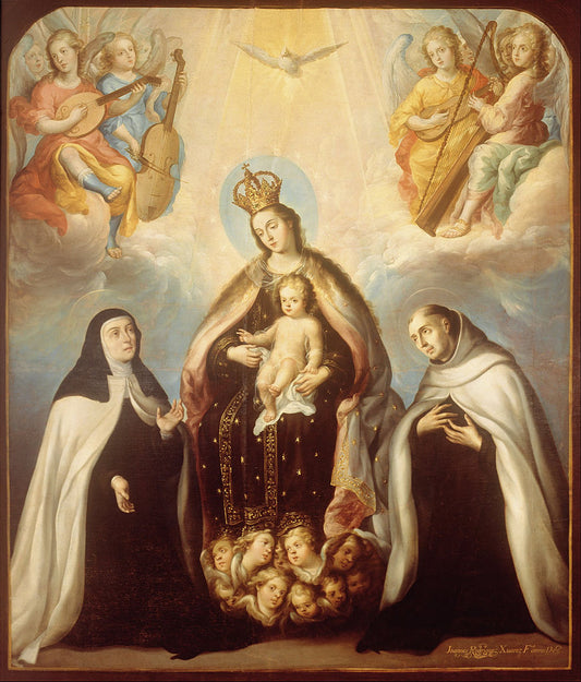The Virgin of the Carmen with Saint Theresa and Saint John of the Cross, vintage artwork by Juan Rodriguez Juarez, 12x8" (A4) Poster