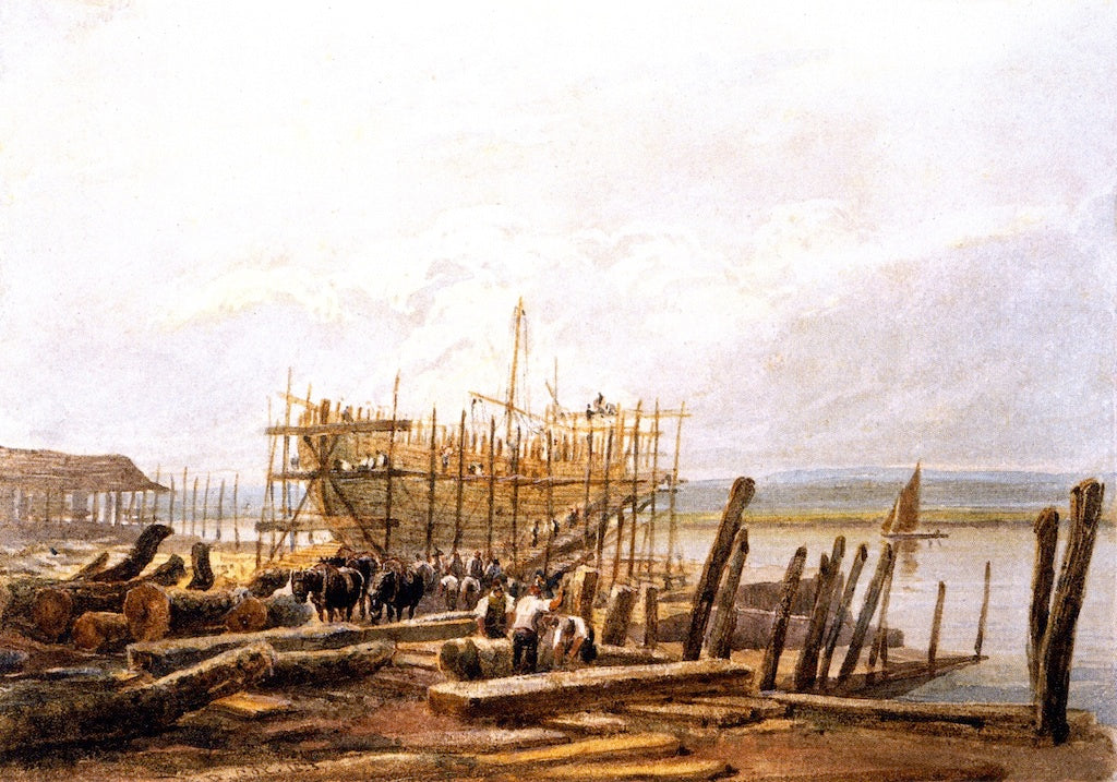 Dockyard - Building a Sloop, vintage artwork by David Cox, 12x8" (A4) Poster