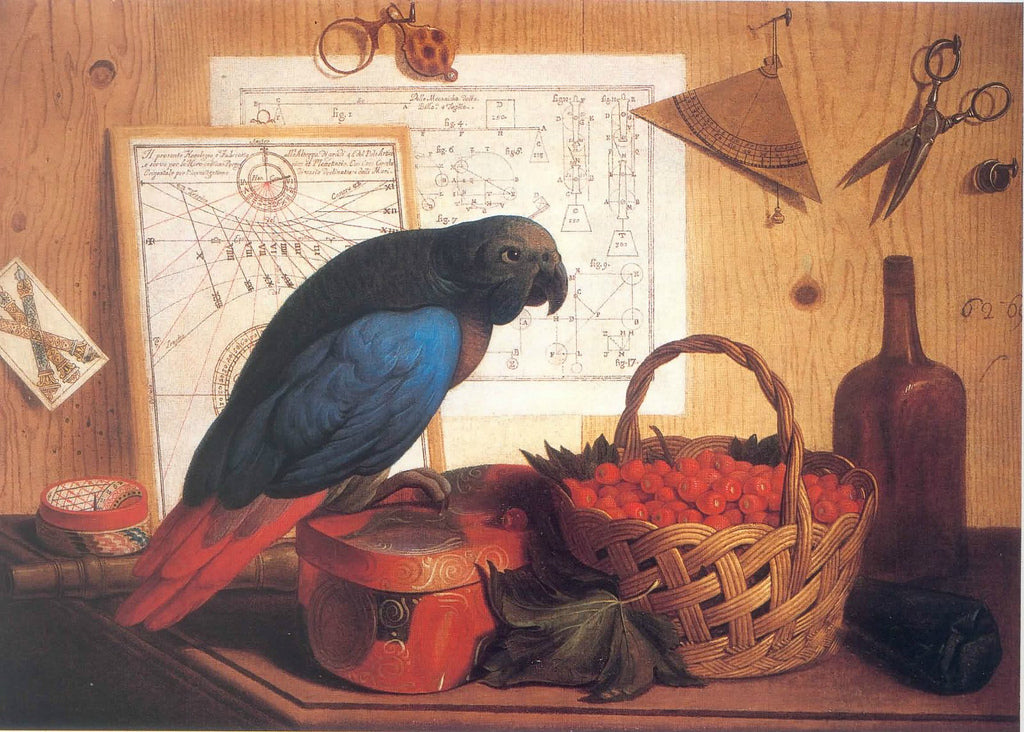 Trompe L'oeil with Still Life of Strawberries and a Parrot, vintage artwork by Sebastiano Lazzari, 12x8" (A4) Poster