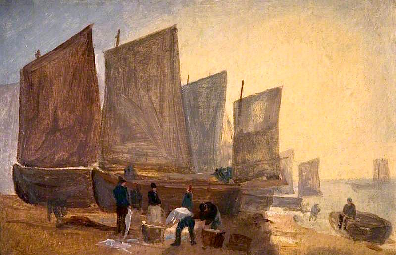 Fishing Boats, Hastings, vintage artwork by David Cox, 12x8" (A4) Poster