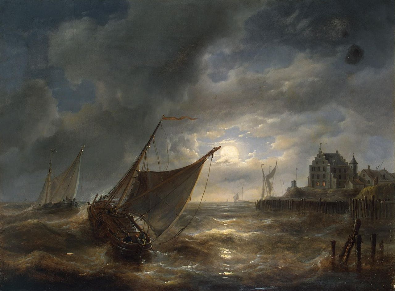 Harbour by  Night, vintage artwork by Charles Louis Verboeckhoven, A3 (16x12") Poster Print
