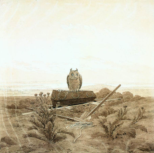Landscape with Grave, Coffin and Owl, vintage artwork by Caspar David Friedrich, 12x8" (A4) Poster