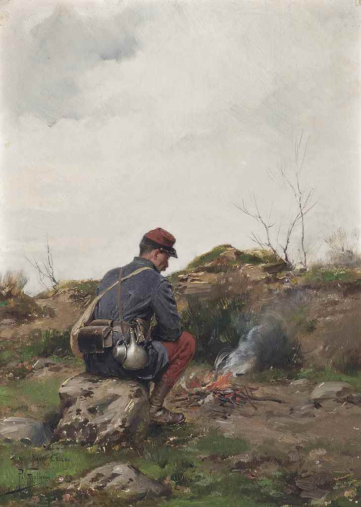 A soldier making a campfire, vintage artwork by Paul-Louis-Narcisse Grolleron, 12x8" (A4) Poster