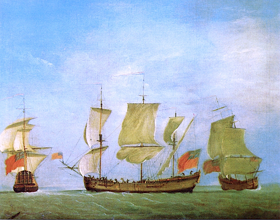 English Privateer in Three Positions, vintage artwork by Peter Monamy, 12x8" (A4) Poster