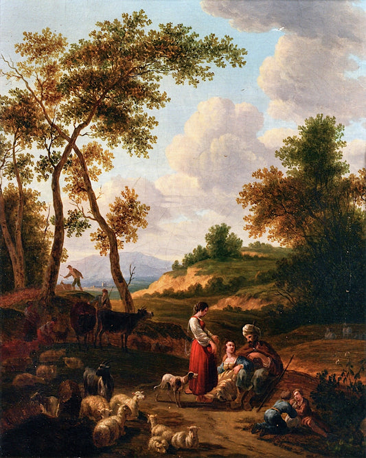 Herders at Rest in a Landscape, vintage artwork by French School 18th Century - Unknown, 12x8" (A4) Poster