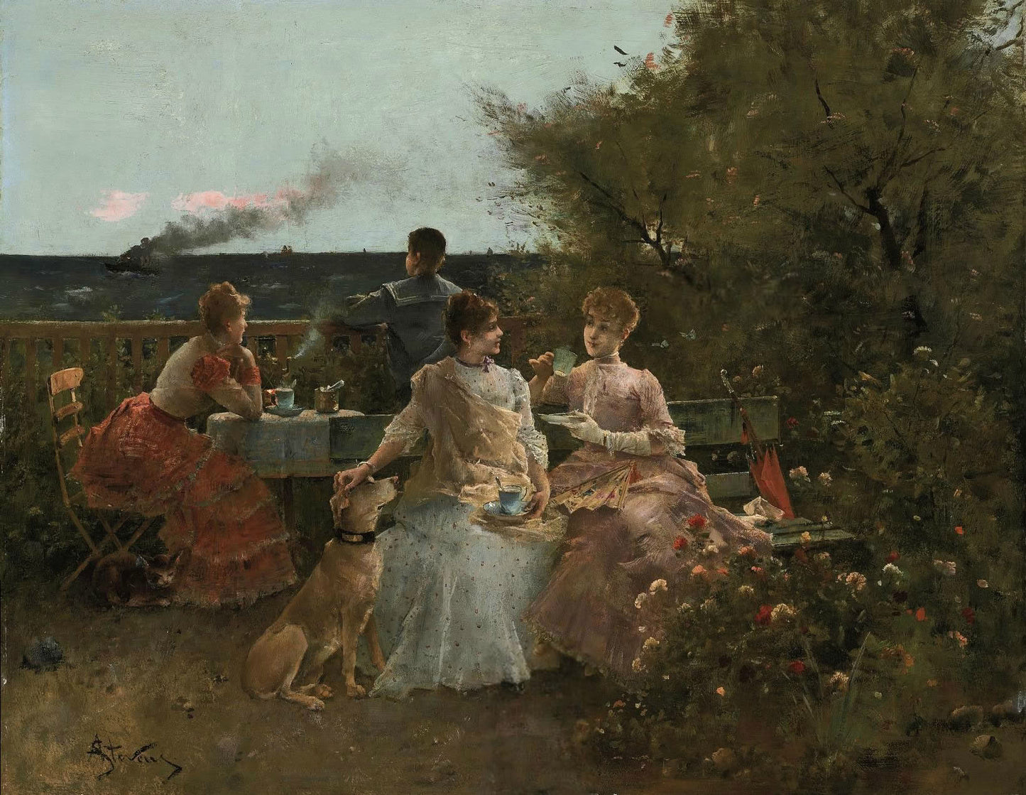 Ladies on a Terrace, Normandy, vintage artwork by Alfred Émile Leopold Stevens, 12x8" (A4) Poster