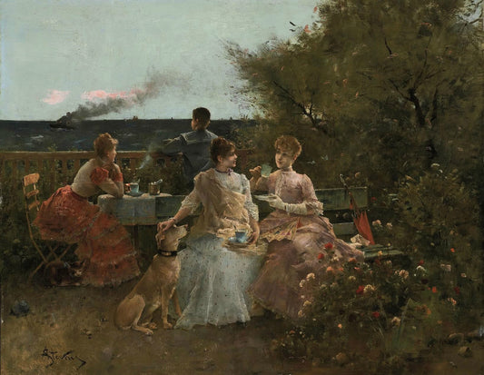 Ladies on a Terrace, Normandy, vintage artwork by Alfred Émile Leopold Stevens, 12x8" (A4) Poster