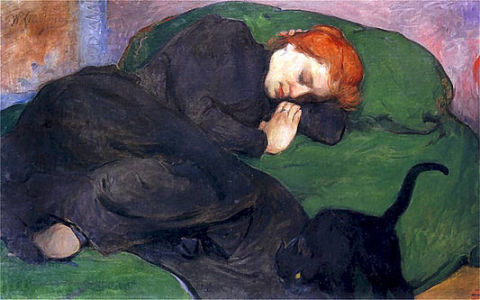 Sleeping woman with a cat, vintage artwork by Wladyslaw Slewinski, 12x8" (A4) Poster