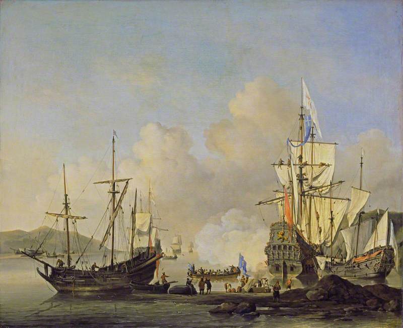 Calm:  French Merchant Ships at Anchor, vintage artwork by Willem van de Velde the Younger, 12x8" (A4) Poster