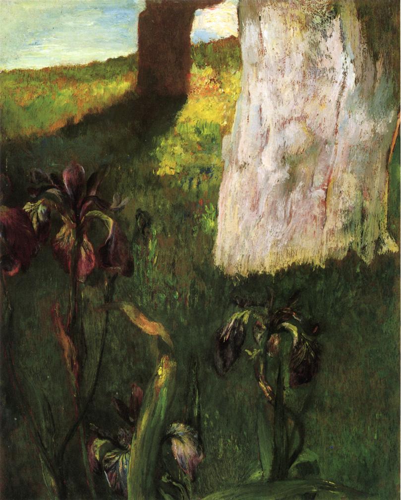 Flowers, Blue Iris, with Trunk of Dead Apple-Tree, vintage artwork by John La Farge, 12x8" (A4) Poster