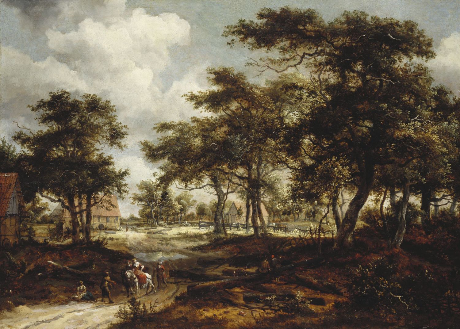 Wooded Landscape with Travellers and Beggars on a Road, vintage artwork by Meindert Hobbema, 12x8" (A4) Poster