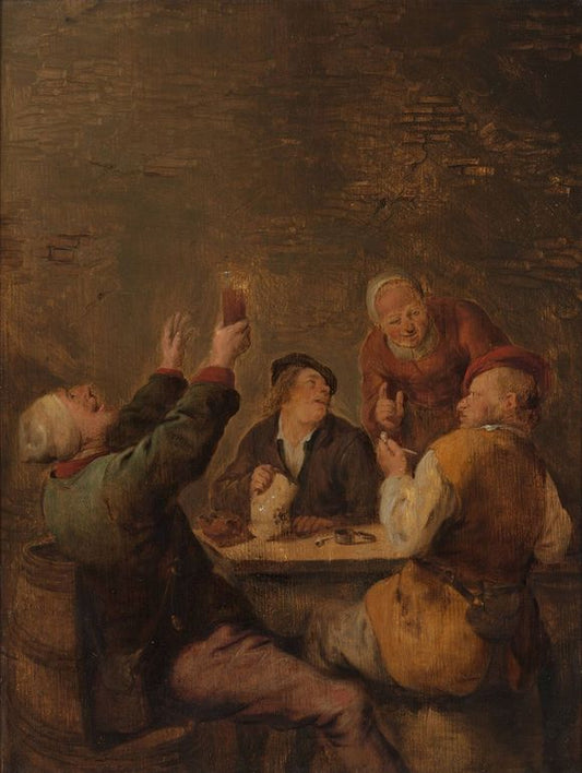 Merry company, three men at a table and a woman standing, vintage artwork by Jan Miense Molenaer, 12x8" (A4) Poster