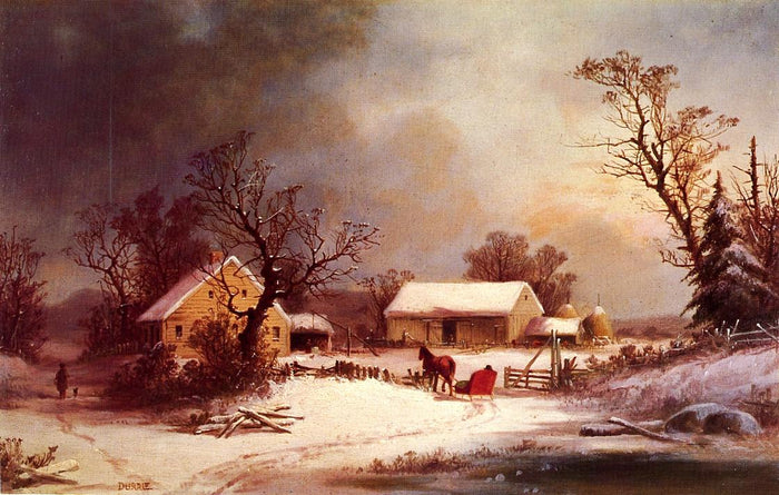 Winter-time on the Farm, vintage artwork by George Henry Durrie, A3 (16x12