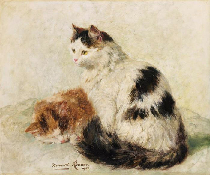 Awake and Sleeping cats, vintage artwork by Henriette Ronner-Knip, A3 (16x12