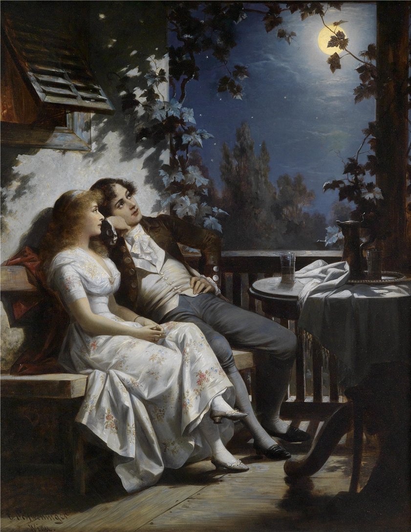 Couple in the Moonlight, vintage artwork by Karl Schweninger Jr., 12x8" (A4) Poster
