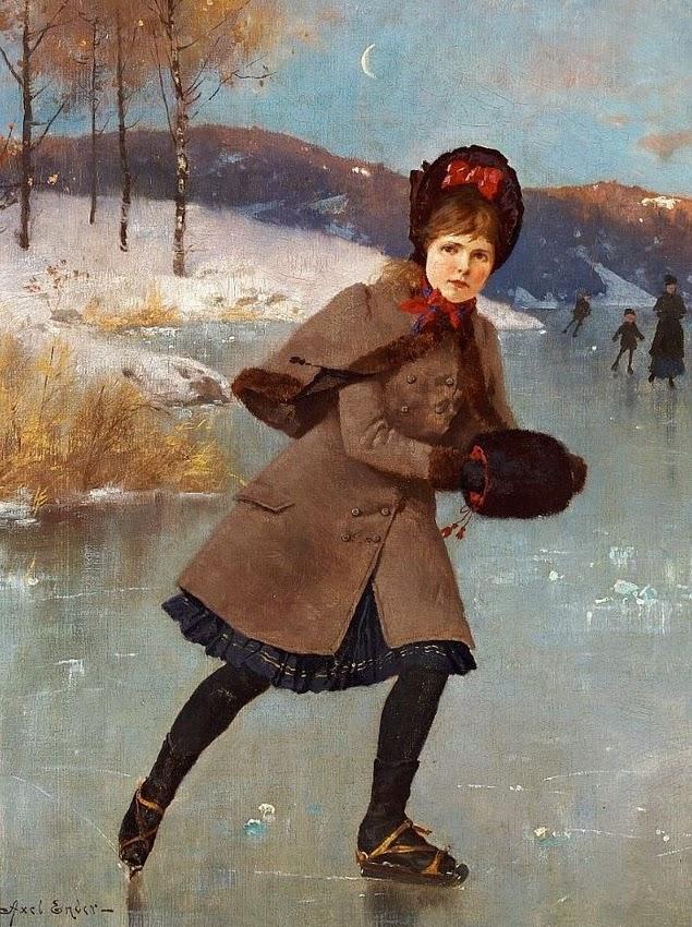 Young girl on a frozen lake, Norway, vintage artwork by Axel Hjalmar Ender, 12x8" (A4) Poster