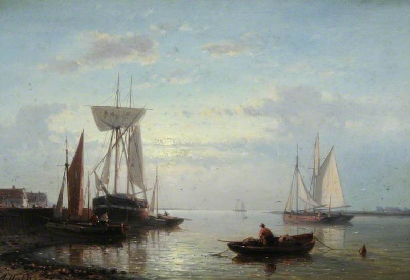 Coastal Scene with Beached Vessels, Evening, vintage artwork by Abraham Hulk, A3 (16x12") Poster Print