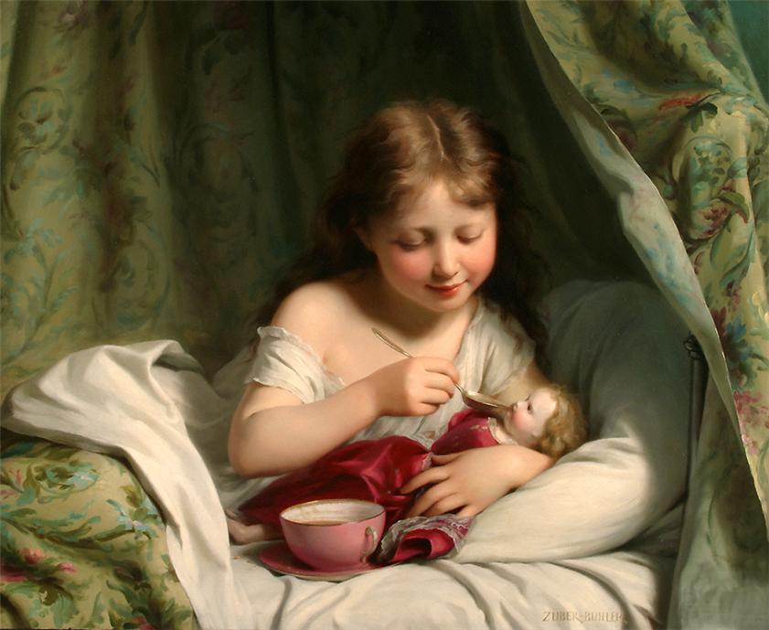 Girl Feeding Her Doll, vintage artwork by Fritz Zuber-Buhler, 12x8" (A4) Poster