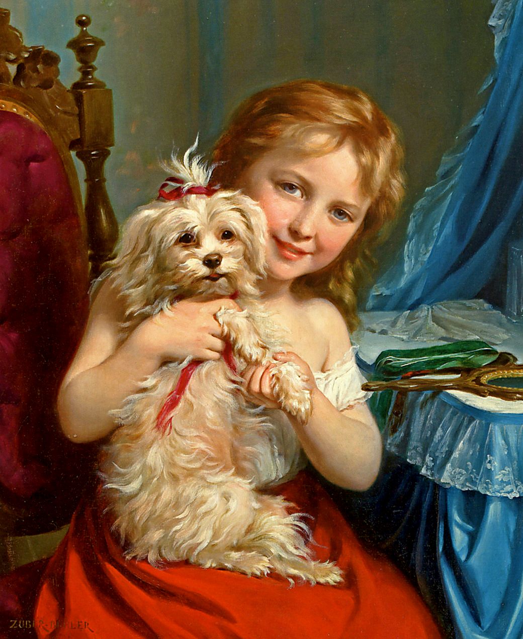 Young Girl with Bichon Frise, vintage artwork by Fritz Zuber-Buhler, 12x8" (A4) Poster