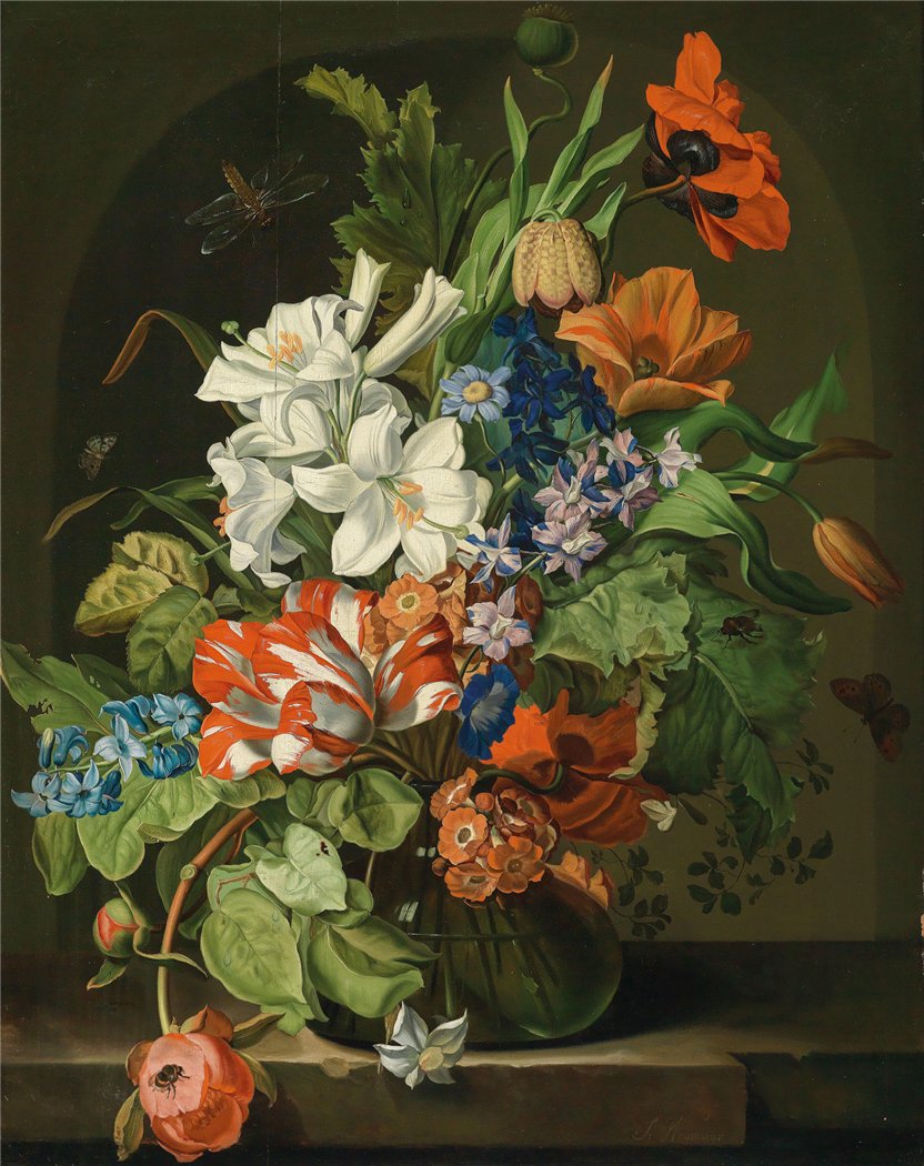 Still-life with Flowers, vintage artwork by Sebastian Wegmayr, 12x8" (A4) Poster