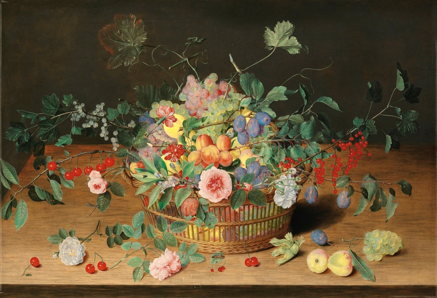 Still Life With A Basket Of Flowers And Fruit, vintage artwork by Isaak Soreau, 12x8" (A4) Poster