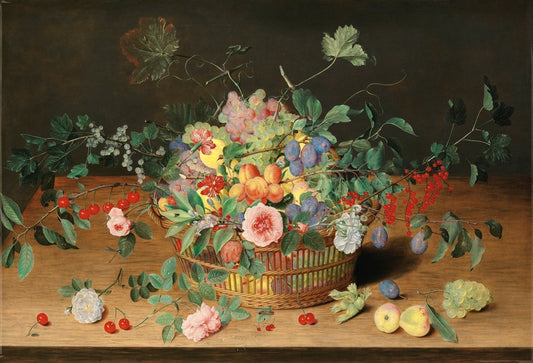 Still Life With A Basket Of Flowers And Fruit, vintage artwork by Isaak Soreau, 12x8" (A4) Poster
