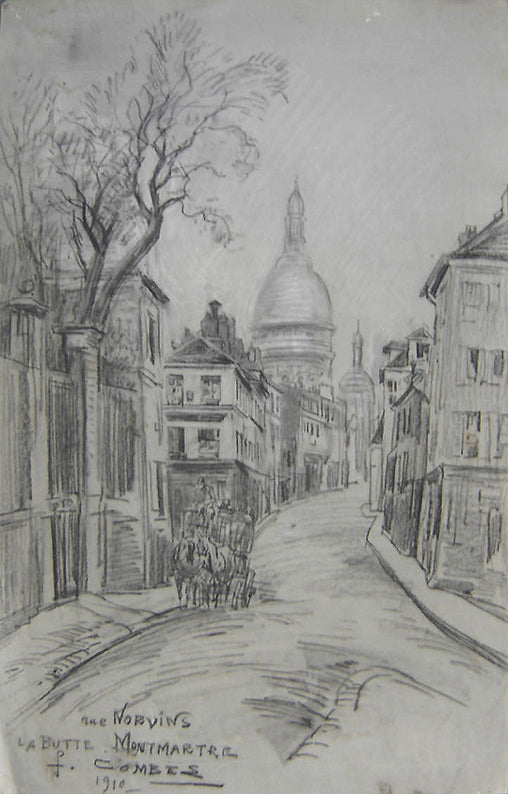Paris, la butte Montmartre, rue Norvins, vintage artwork by Fernand Combes, 12x8" (A4) Poster