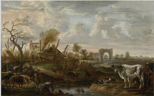 Lanscape with farmhands and livestock at a stream, farm buildings beyond, vintage artwork by Cornelis Saftleven, 12x8" (A4) Poster